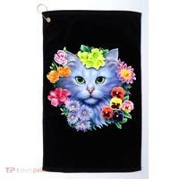 Cat Face With Flowers Golf Towel thumb 0