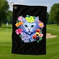 Cat Face With Flowers Golf Towel thumb 1