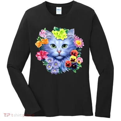 Cat Face With Flowers Women's Long Sleeve Shirt