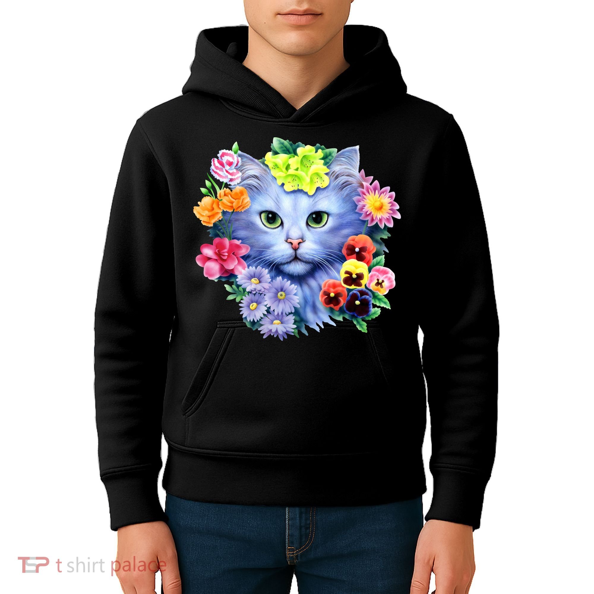 Cat Face With Flowers Kids Hoodie
