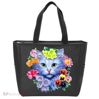 Cat Face With Flowers Tote Bag