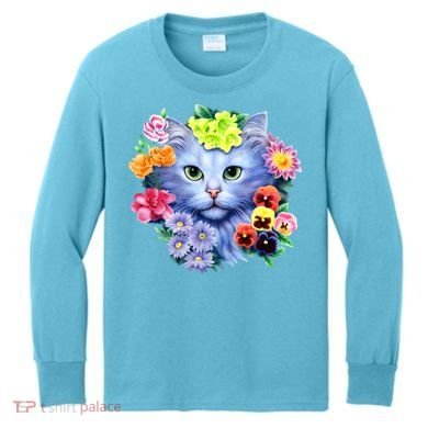 Cat Face With Flowers Kids Long Sleeve Shirt