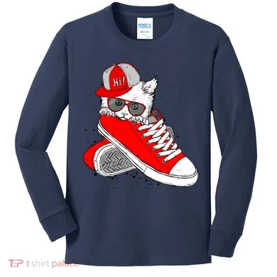 Cat In Red Sneakers Kids Long Sleeve Shirt
