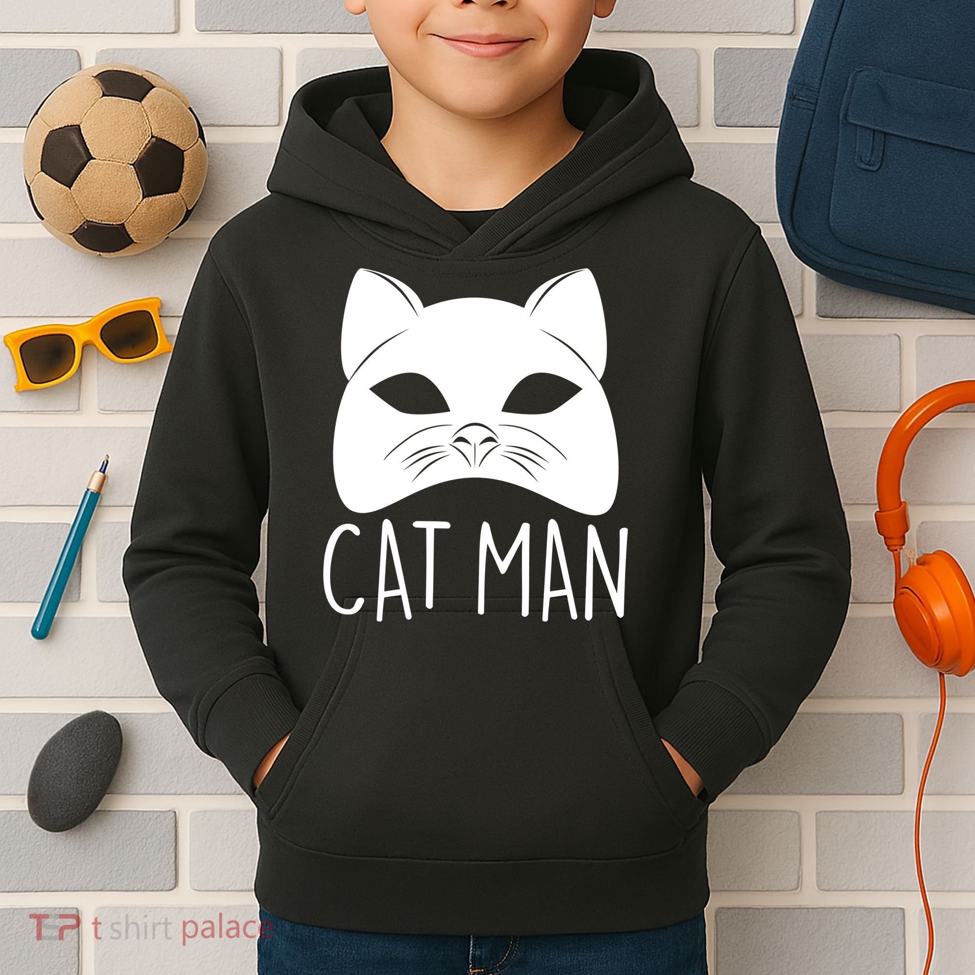 Cat Man Superhero Mask Cat Lover Fan Kids Hoodie