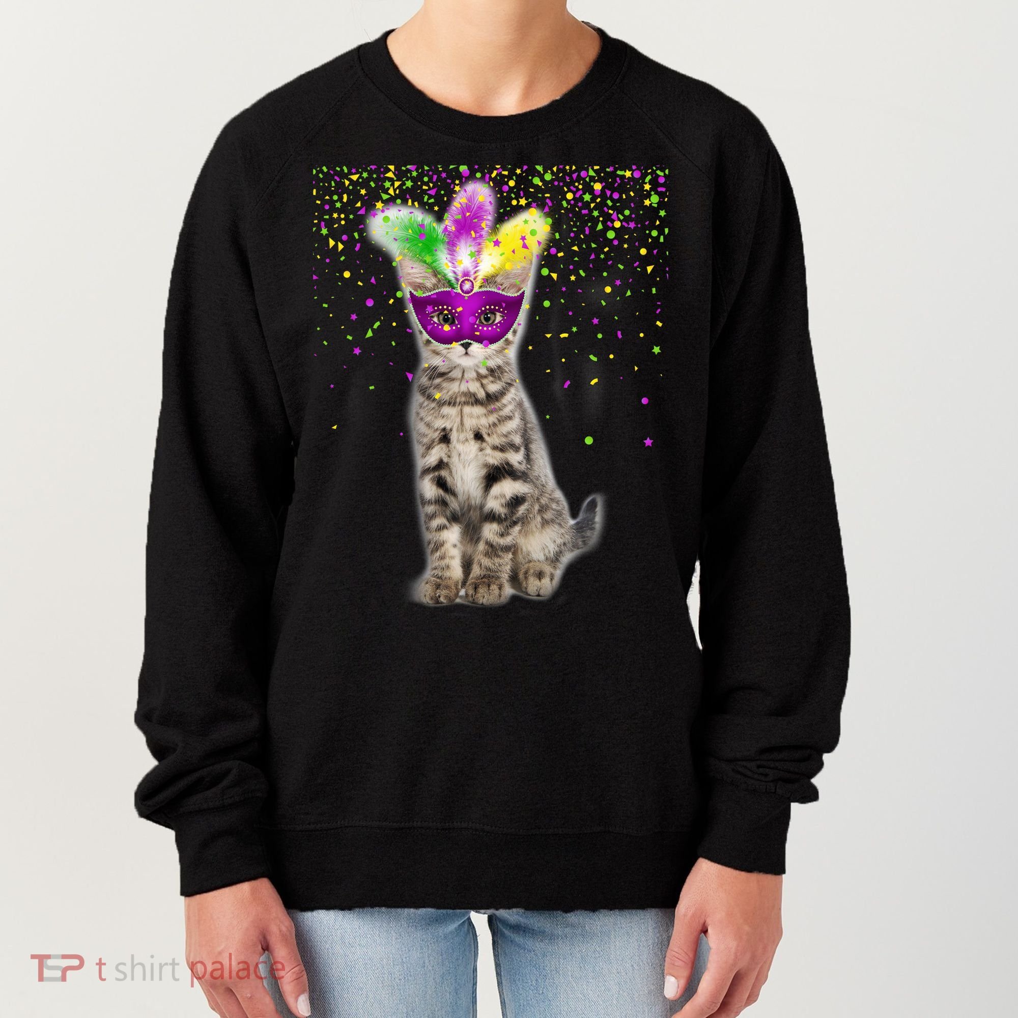 Cat Mardi Gras Mask and Beads Women's Sweatshirt