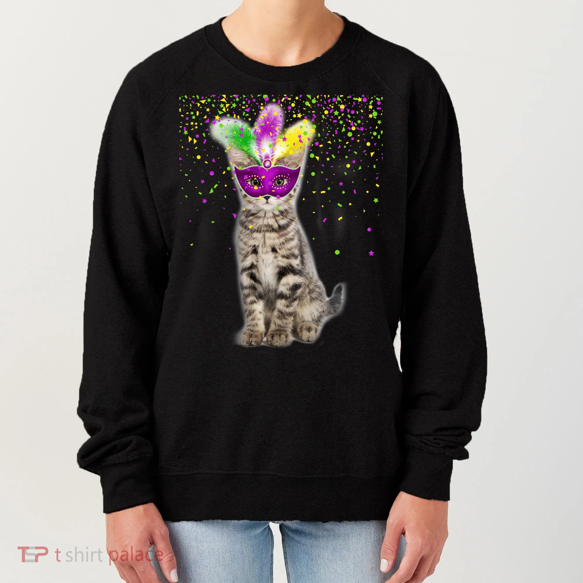 Cat Mardi Gras Mask and Beads Women's Sweatshirt