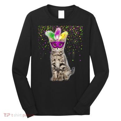 Cat Mardi Gras Mask and Beads Long Sleeve Shirt