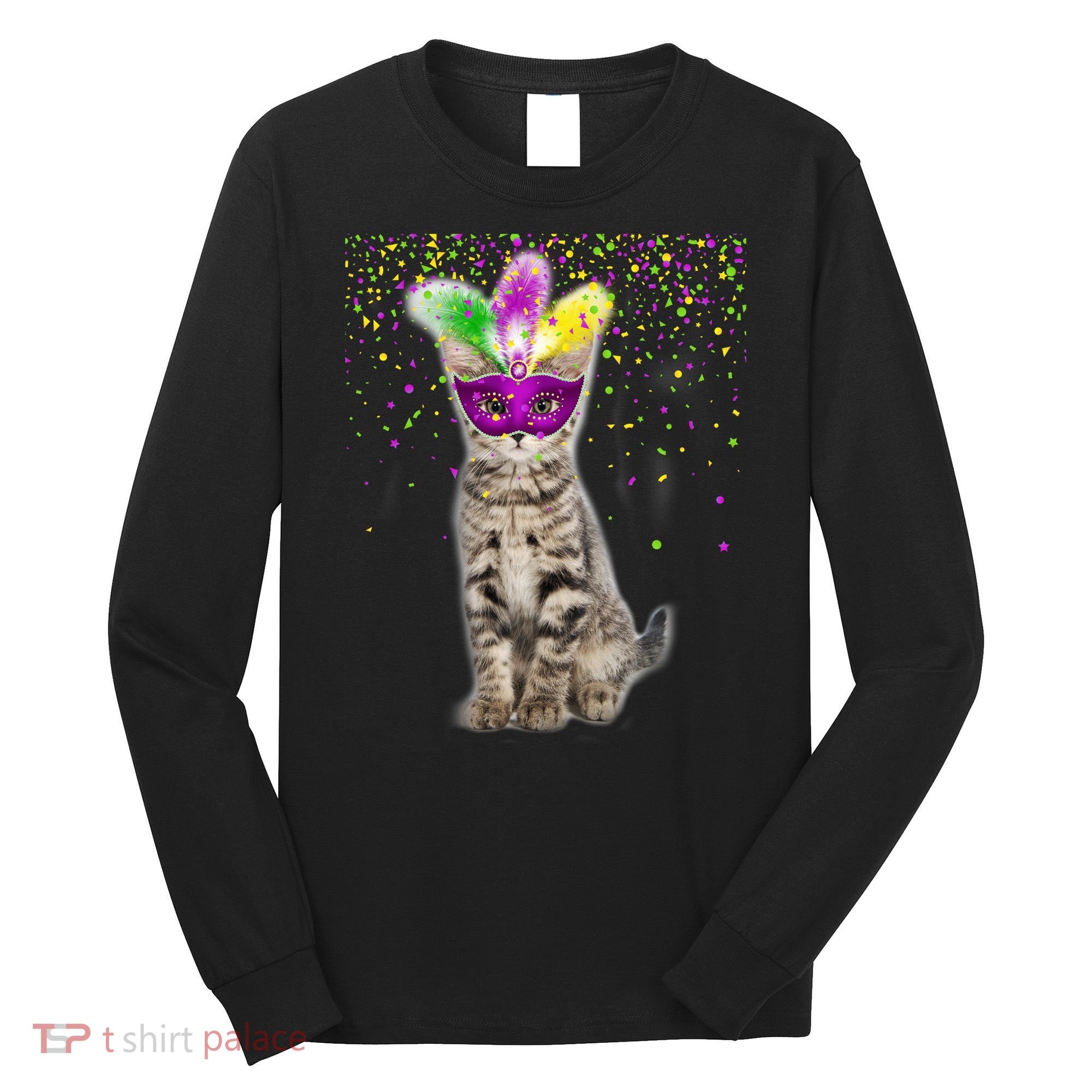 Cat Mardi Gras Mask and Beads Long Sleeve Shirt