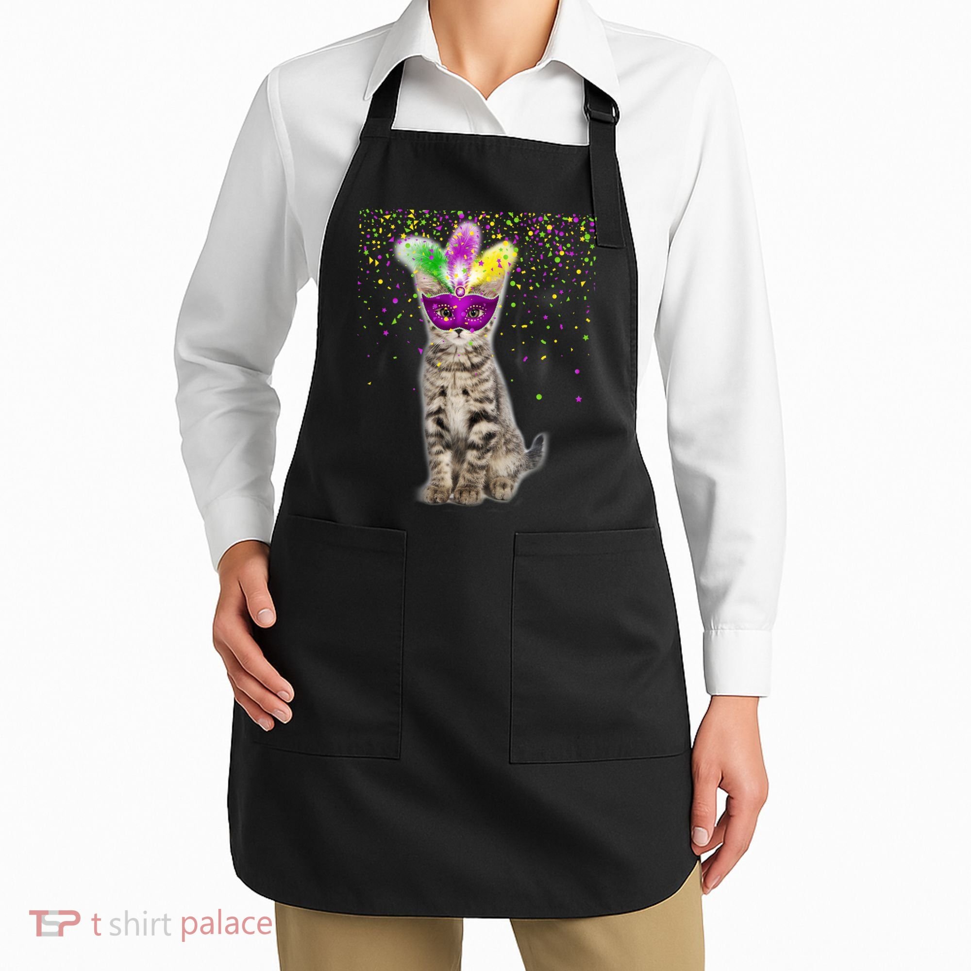 Cat Mardi Gras Mask and Beads Apron