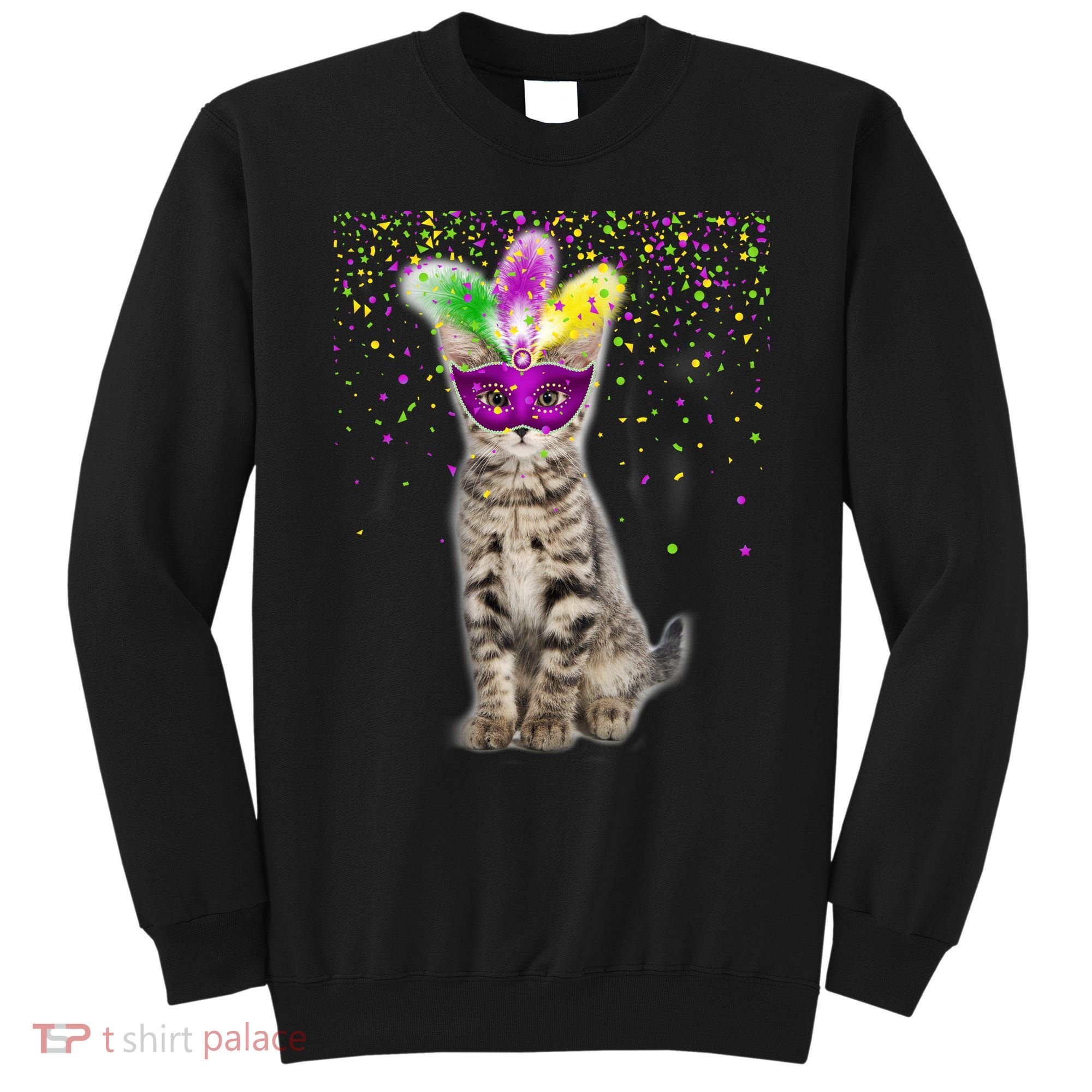 Cat Mardi Gras Mask and Beads Sweatshirt