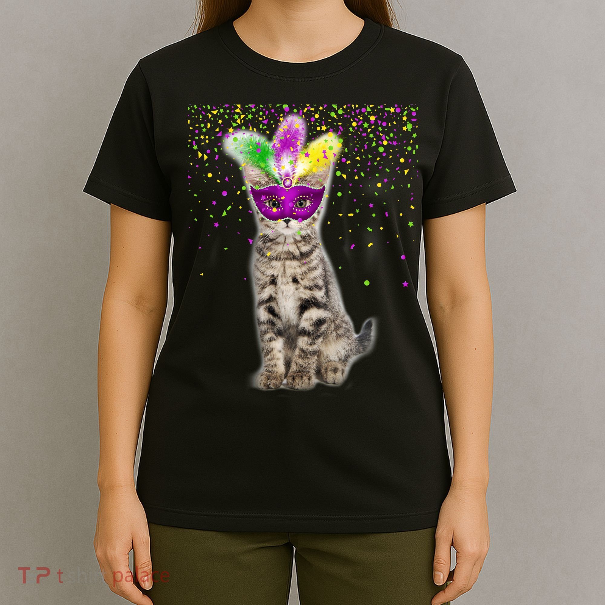 Cat Mardi Gras Mask and Beads T-Shirt