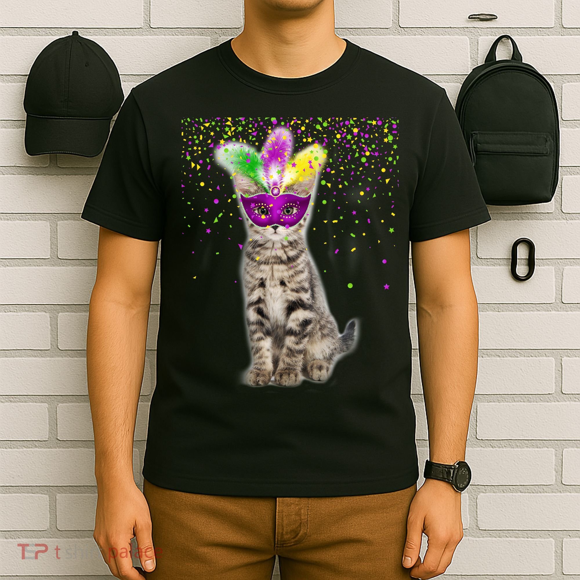 Cat Mardi Gras Mask and Beads T-Shirt