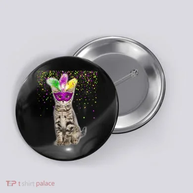 Cat Mardi Gras Mask and Beads Button