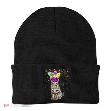 Cat Mardi Gras Mask and Beads Beanie