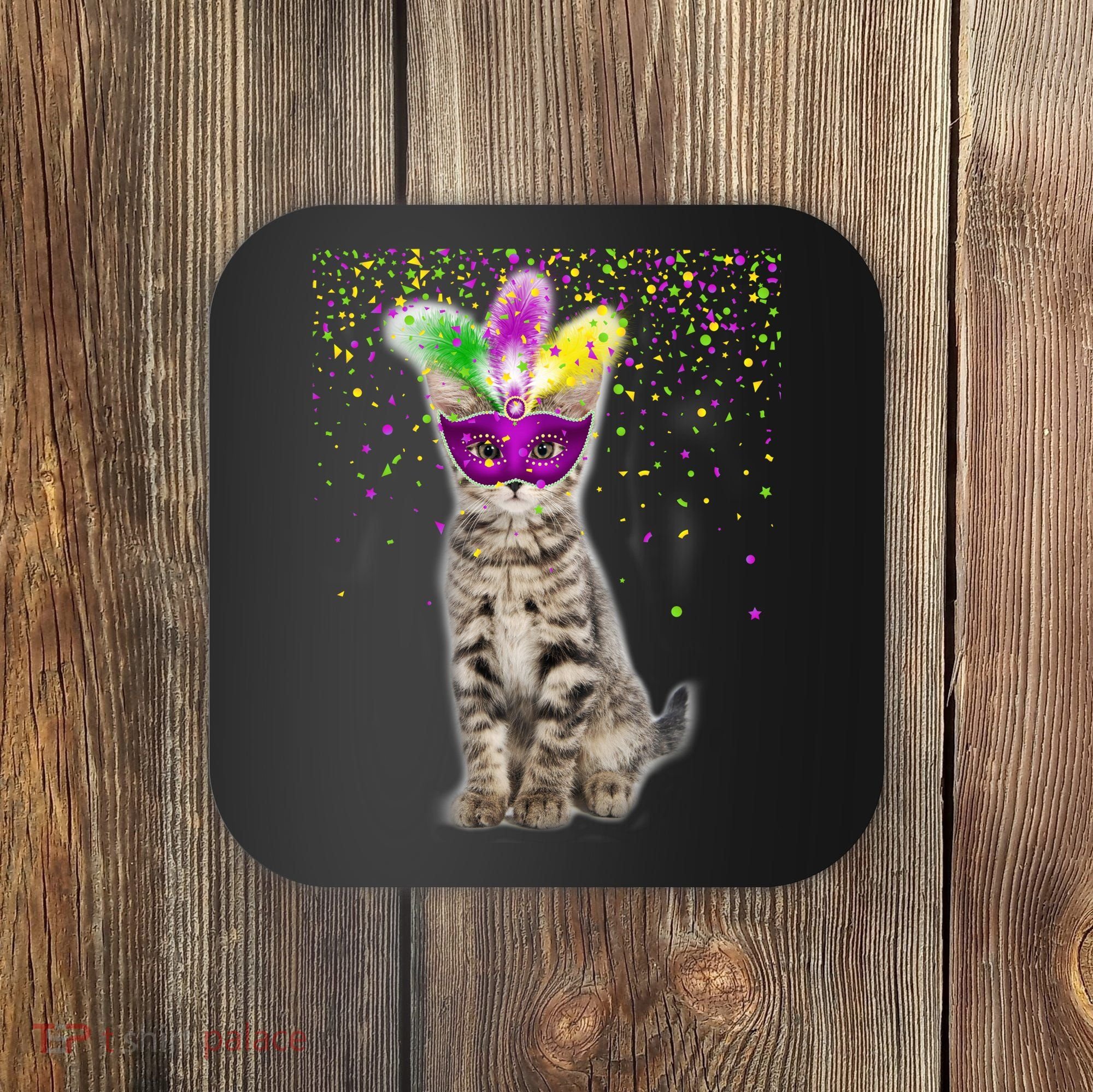 Cat Mardi Gras Mask and Beads Coaster