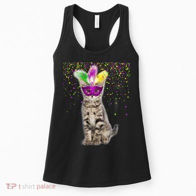 Cat Mardi Gras Mask and Beads Women's Tank Top