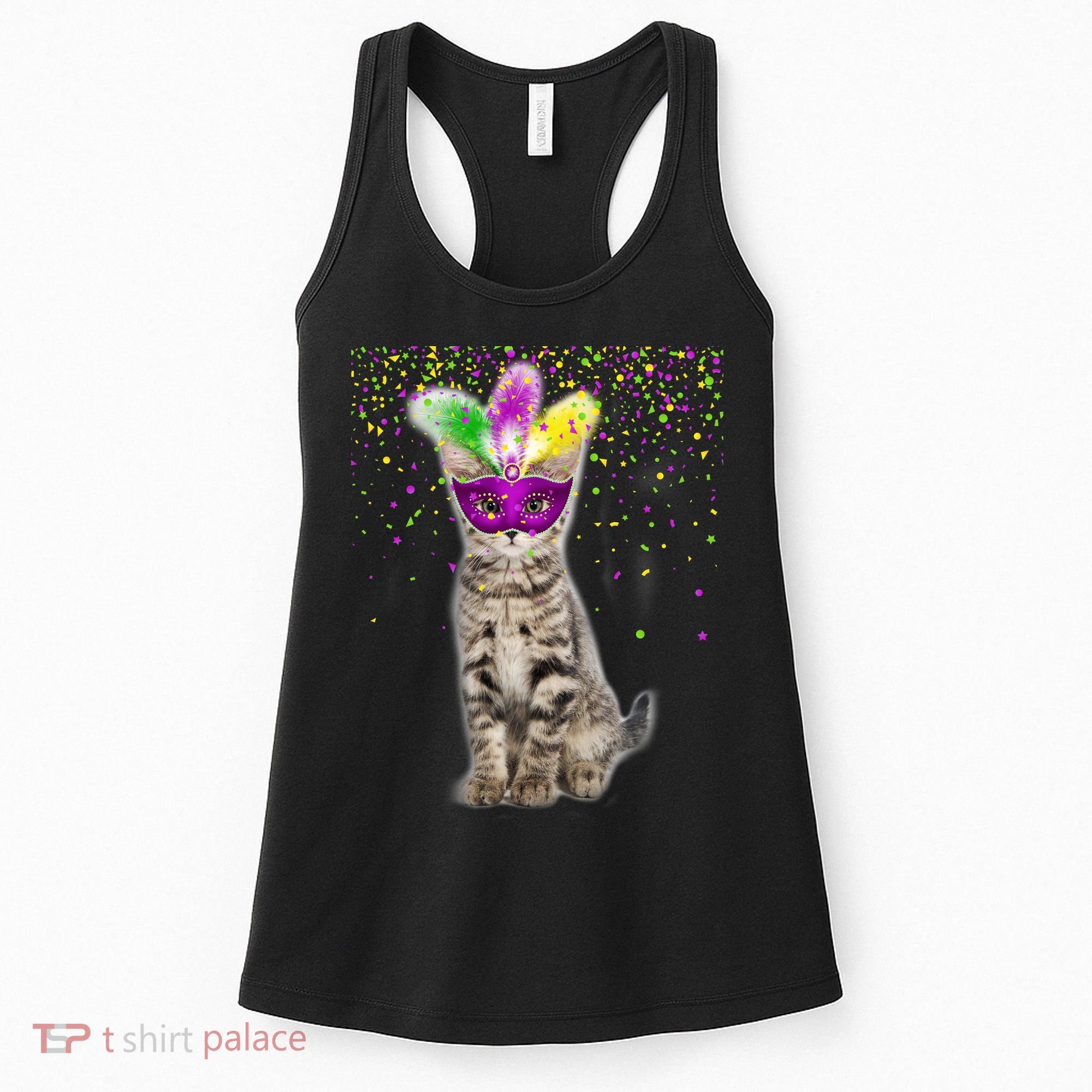 Cat Mardi Gras Mask and Beads Women's Tank Top