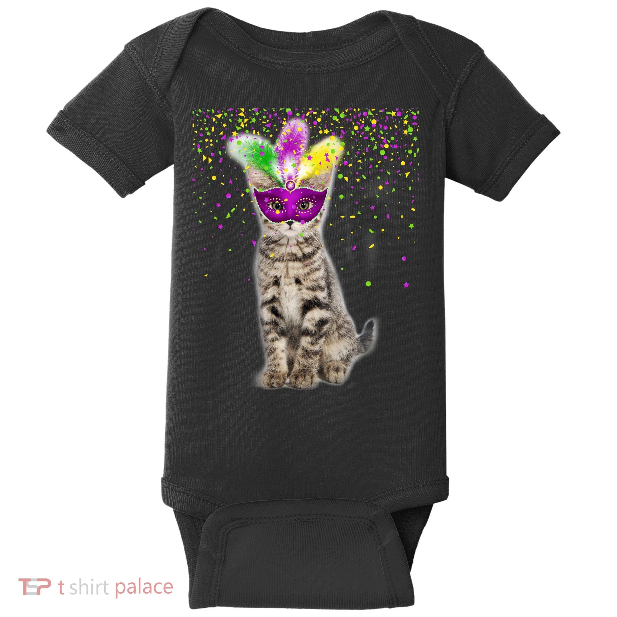 Cat Mardi Gras Mask and Beads Baby Bodysuit