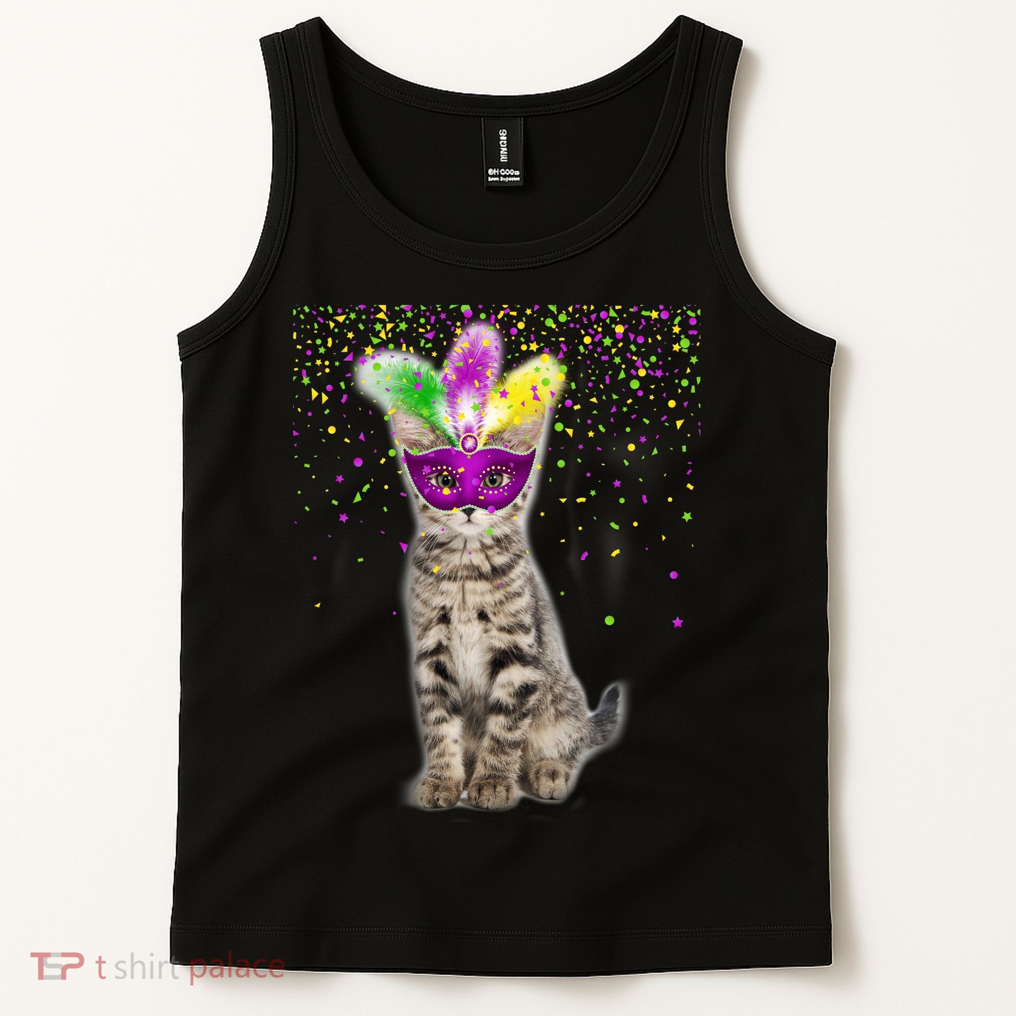 Cat Mardi Gras Mask and Beads Tank Top