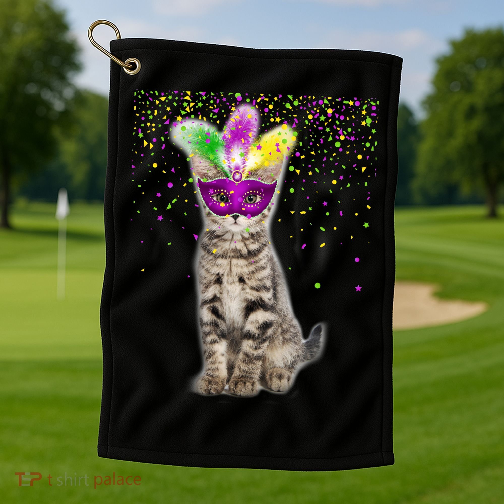 Cat Mardi Gras Mask and Beads Golf Towel
