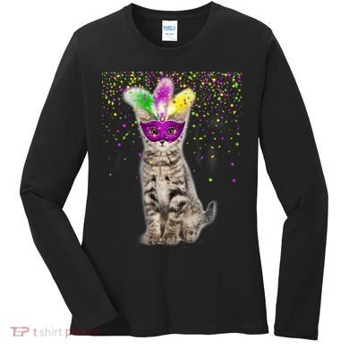 Cat Mardi Gras Mask and Beads Women's Long Sleeve Shirt