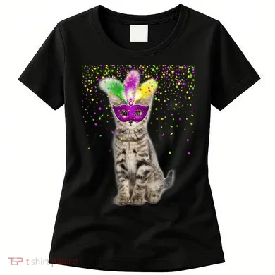 Cat Mardi Gras Mask and Beads Women's T-Shirt