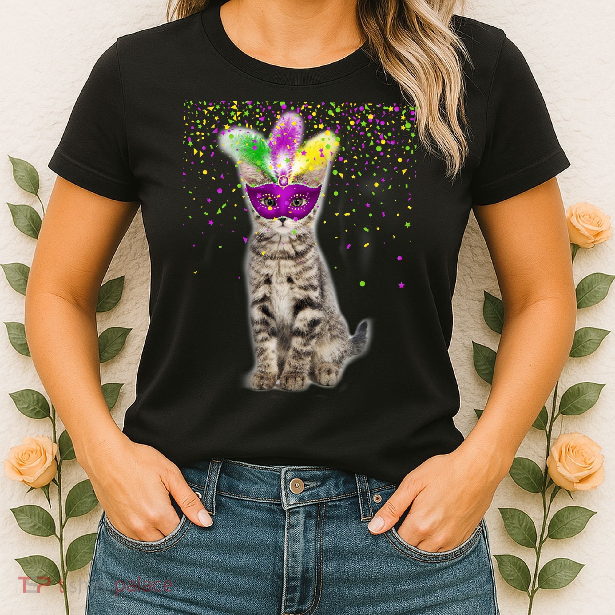 Cat Mardi Gras Mask and Beads Women's T-Shirt