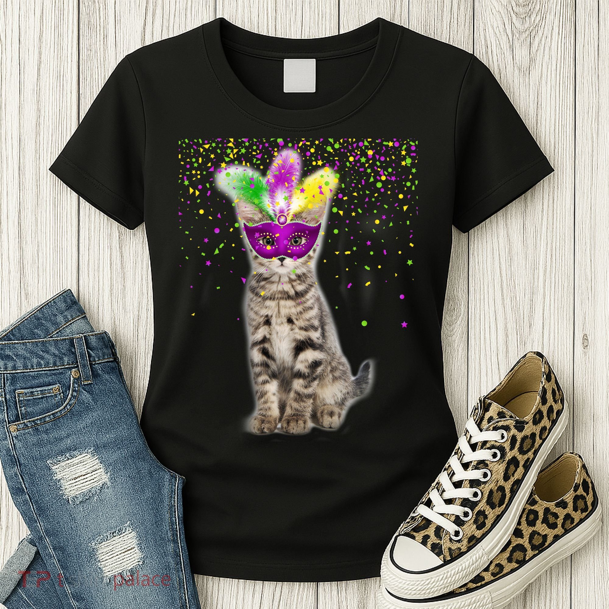 Cat Mardi Gras Mask and Beads Women's T-Shirt
