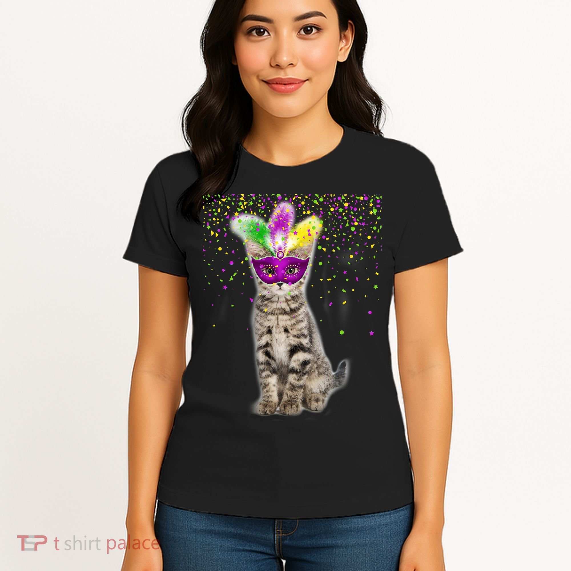 Cat Mardi Gras Mask and Beads Women's T-Shirt