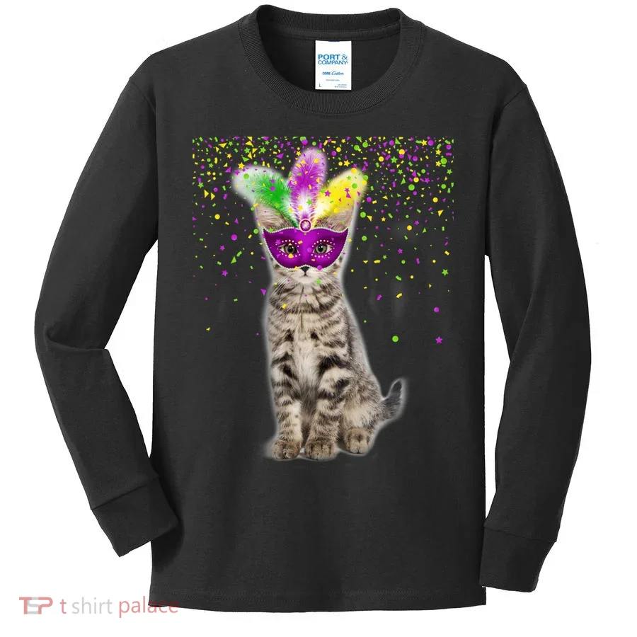 Cat Mardi Gras Mask and Beads Kids Long Sleeve Shirt