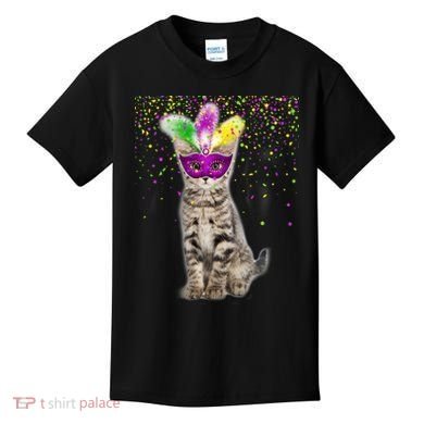 Cat Mardi Gras Mask and Beads Kids T-Shirt