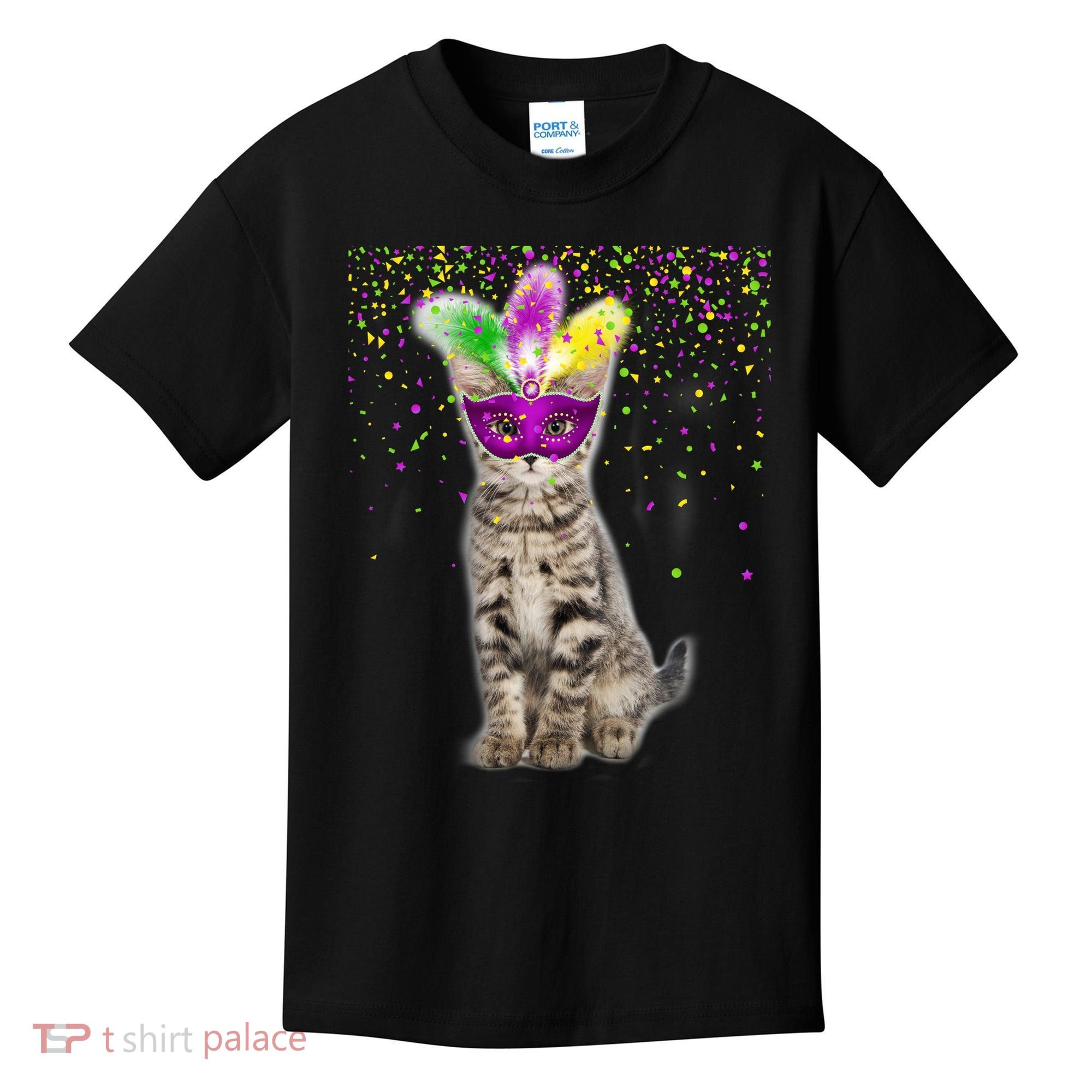 Cat Mardi Gras Mask and Beads Kids T-Shirt