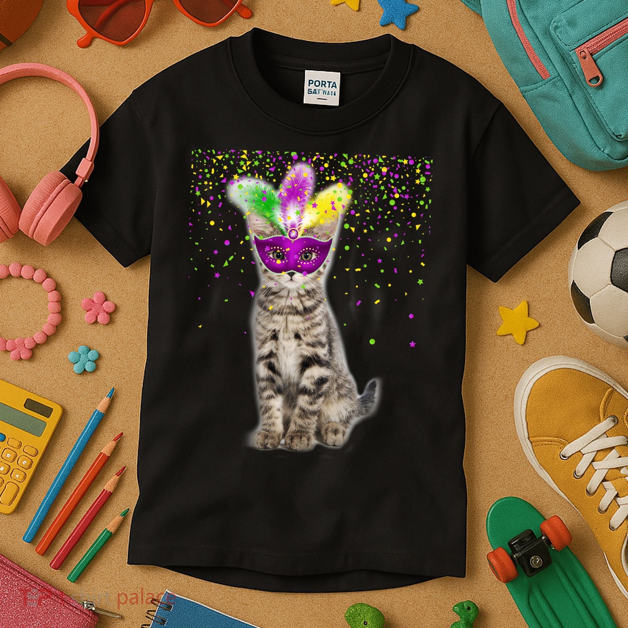 Cat Mardi Gras Mask and Beads Kids T-Shirt
