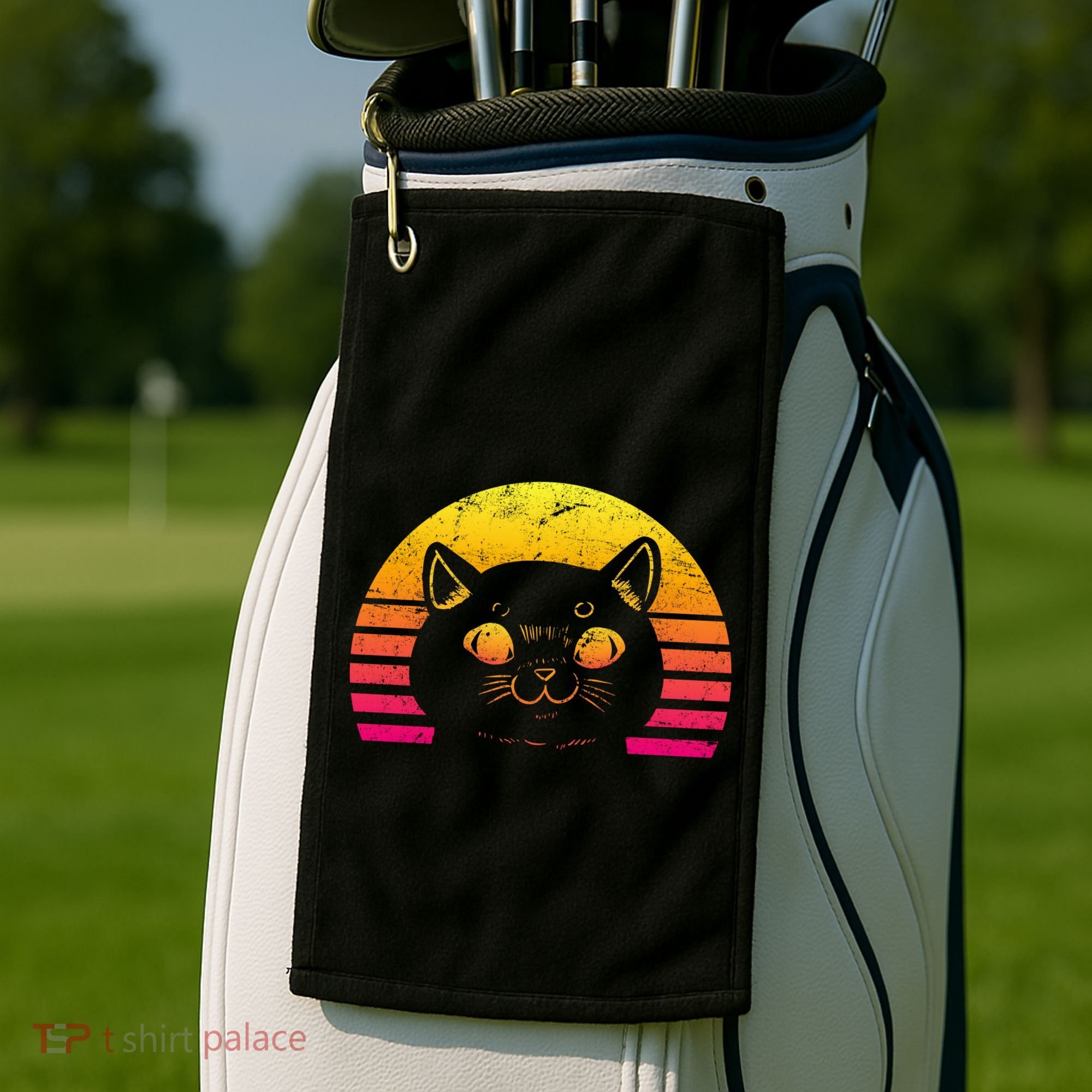 Cat Retro Sunset Golf Towel