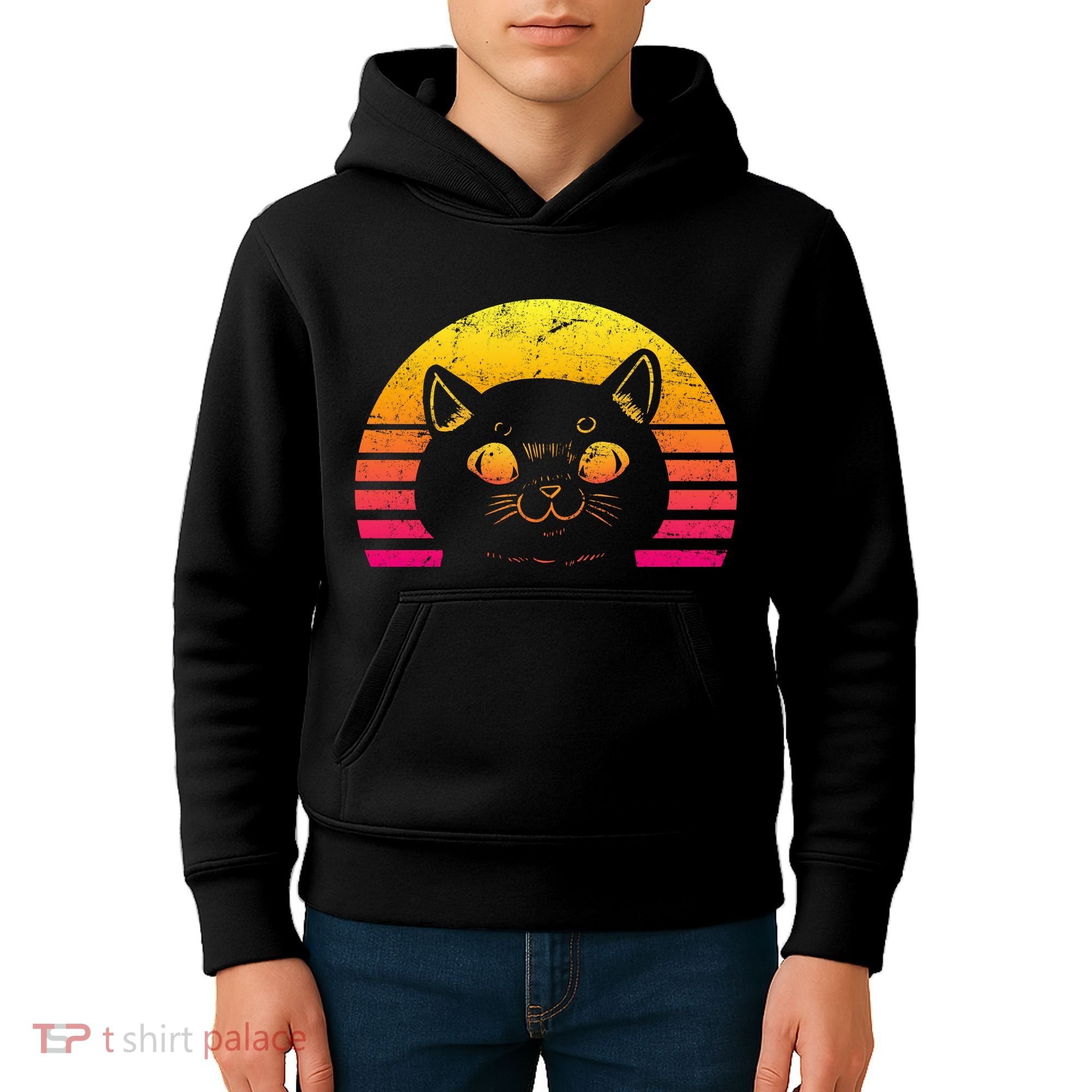 Cat Retro Sunset Kids Hoodie