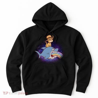 Cat Riding Shark Rainbow Bite Hoodie