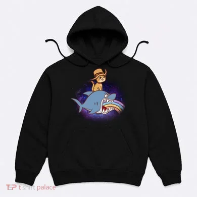 Cat Riding Shark Rainbow Bite Hoodie