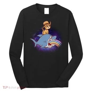 Cat Riding Shark Rainbow Bite Long Sleeve Shirt
