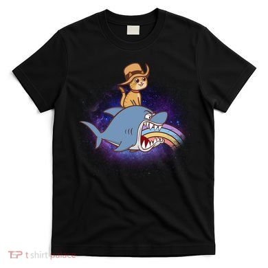 Cat Riding Shark Rainbow Bite T-Shirt