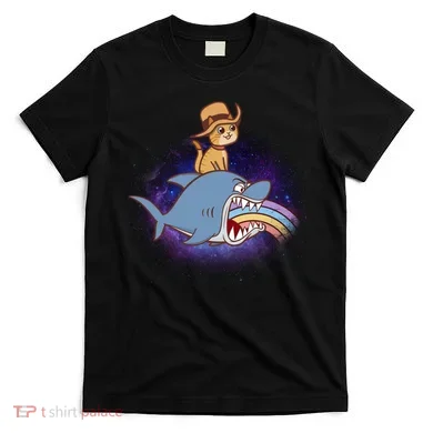 Cat Riding Shark Rainbow Bite T-Shirt