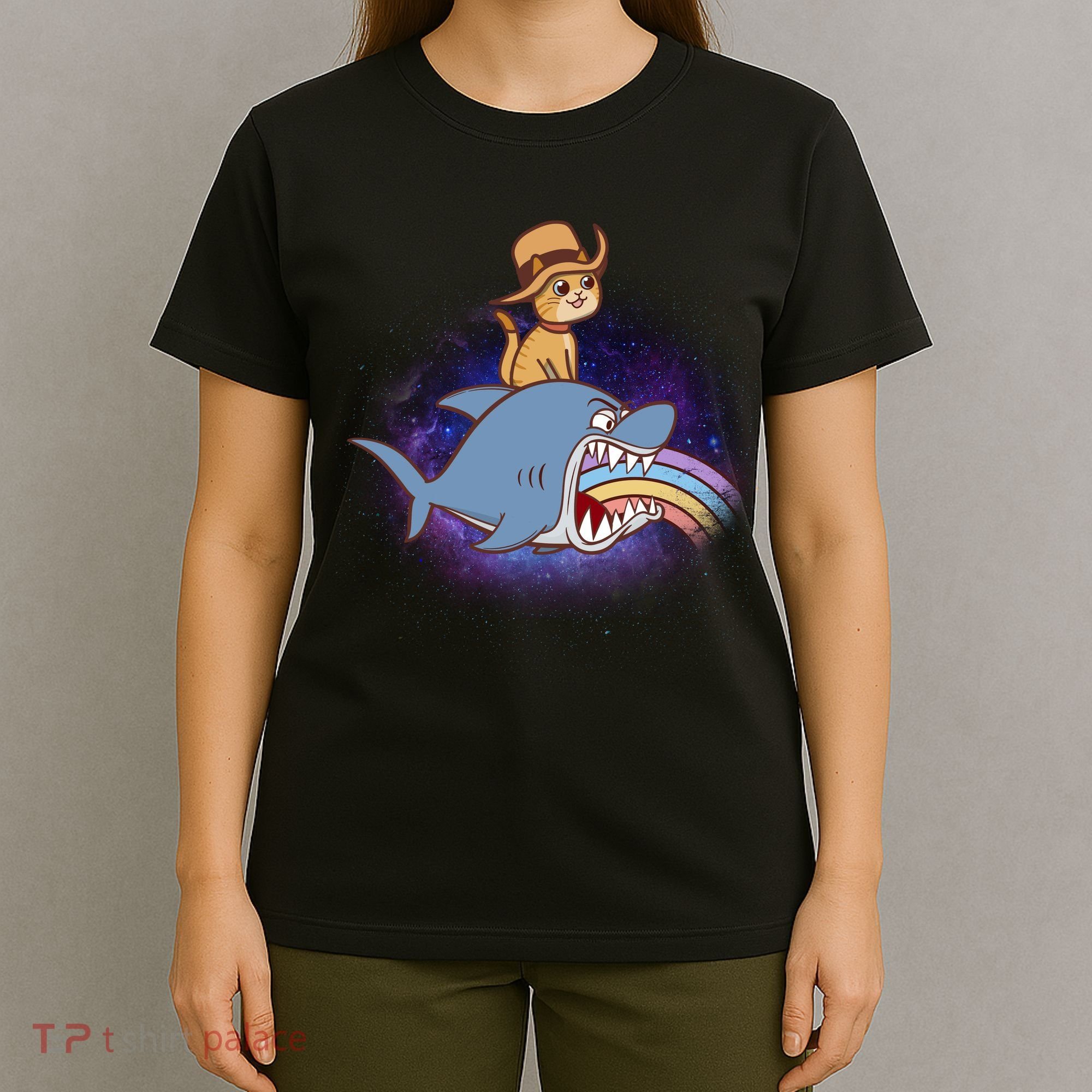 Cat Riding Shark Rainbow Bite T-Shirt