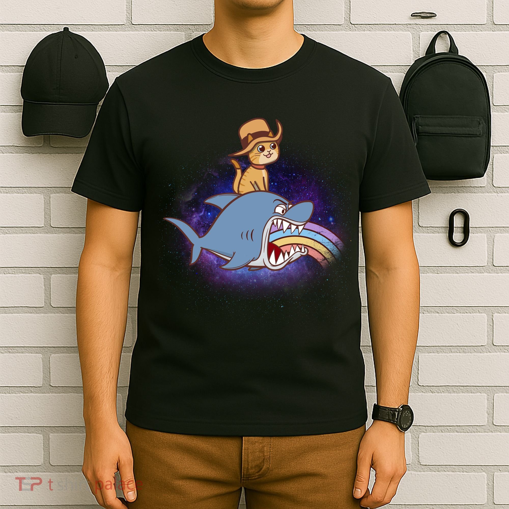 Cat Riding Shark Rainbow Bite T-Shirt
