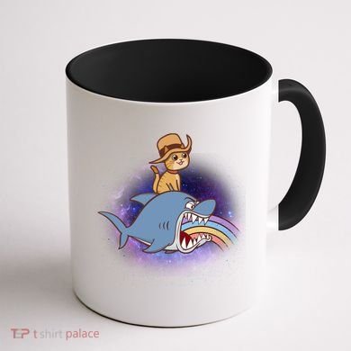 Cat Riding Shark Rainbow Bite Coffee Mug back