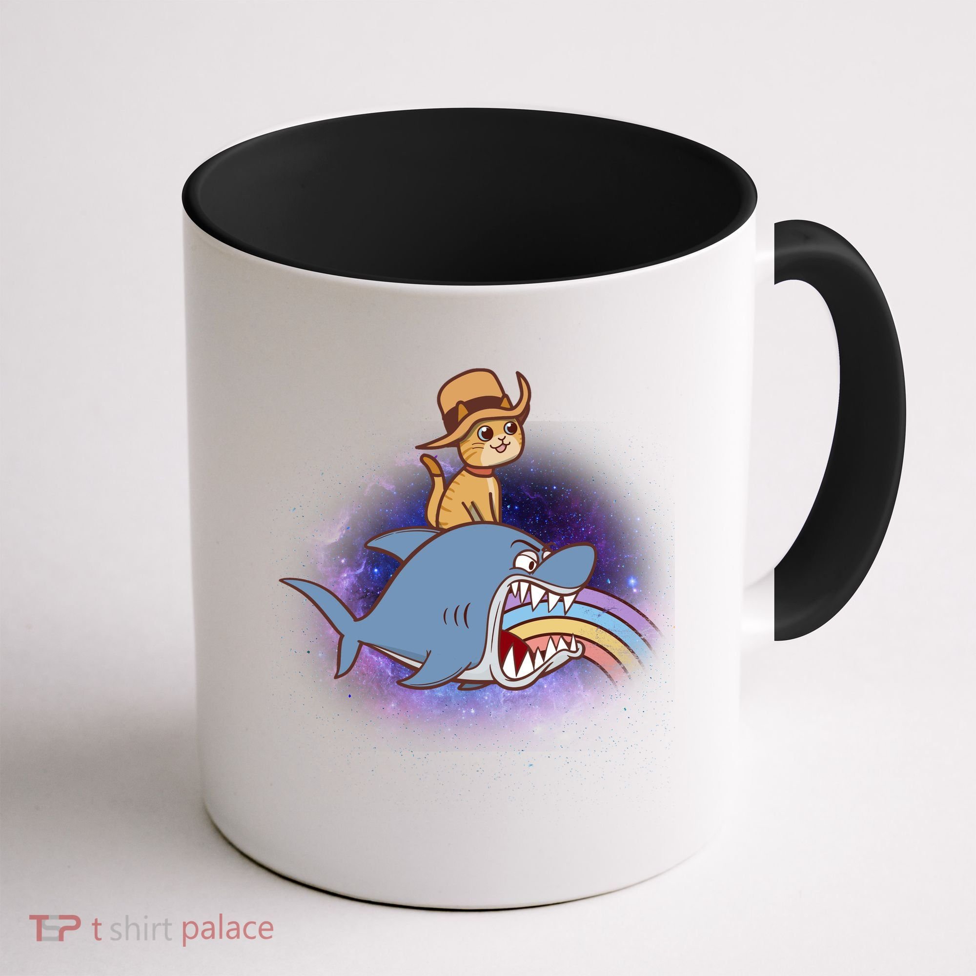 Cat Riding Shark Rainbow Bite Coffee Mug