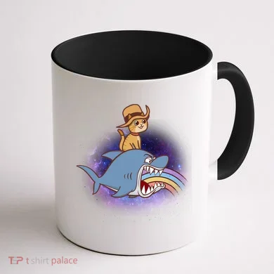 Cat Riding Shark Rainbow Bite Coffee Mug back