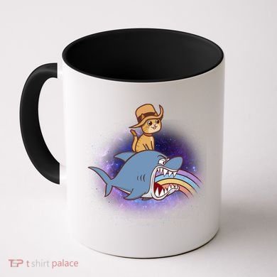 Cat Riding Shark Rainbow Bite Coffee Mug