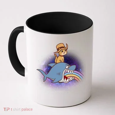 Cat Riding Shark Rainbow Bite Coffee Mug
