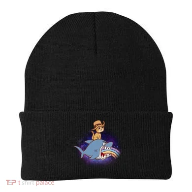 Cat Riding Shark Rainbow Bite Beanie