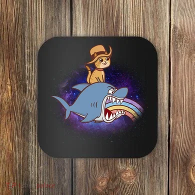 Cat Riding Shark Rainbow Bite Coaster