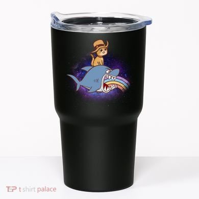 Cat Riding Shark Rainbow Bite Tumbler